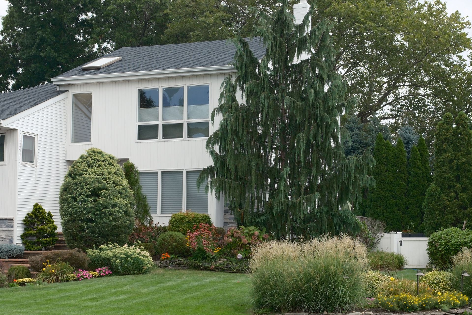 Beautiful suburban home with manicured garden and diverse greenery, capturing modern residential architecture.